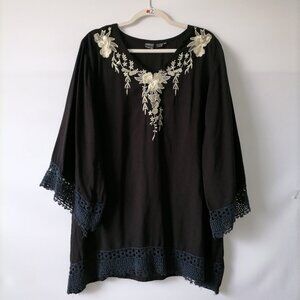 Anandas Collection Womens Black Lace Detailing Floral Embroidered Blouse Size XL